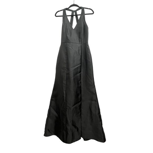Alfred Sung Solid Black Satin Trumpet Gown Maxi Thigh-Slit Sample Dress 8 - Picture 3 of 7